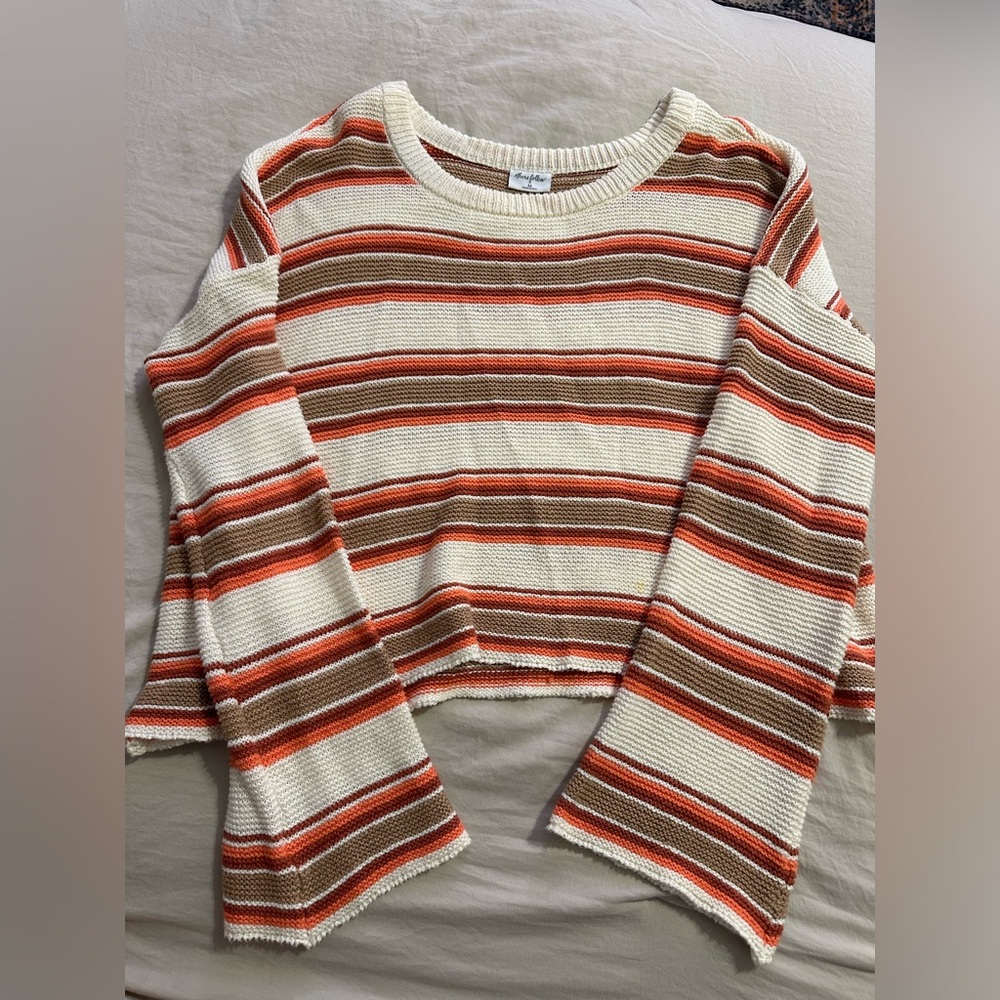 Cream/ Brown Striped Scoop Neck Sweater. Size M Bell Sleeves
